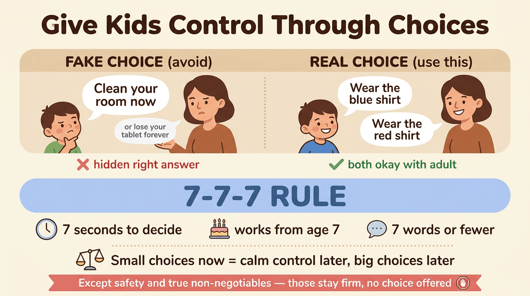 Infographic comparing fake vs real choices for kids, featuring the 7-7-7 rule and guidelines for appropriate decision-making.