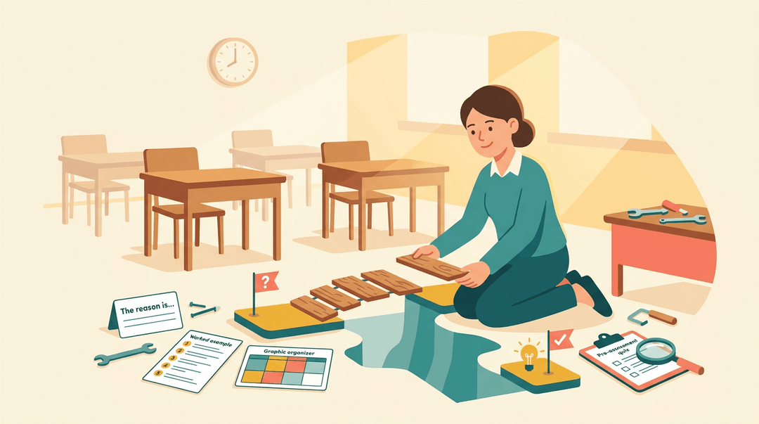 Teacher builds a bridge of scaffolding tools in an empty classroom to connect student needs to learning goals.
