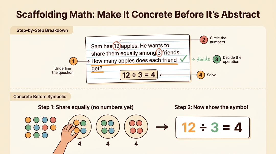 Scaffolding math guide showing concrete apple sharing and index card annotations before moving to abstract equations.