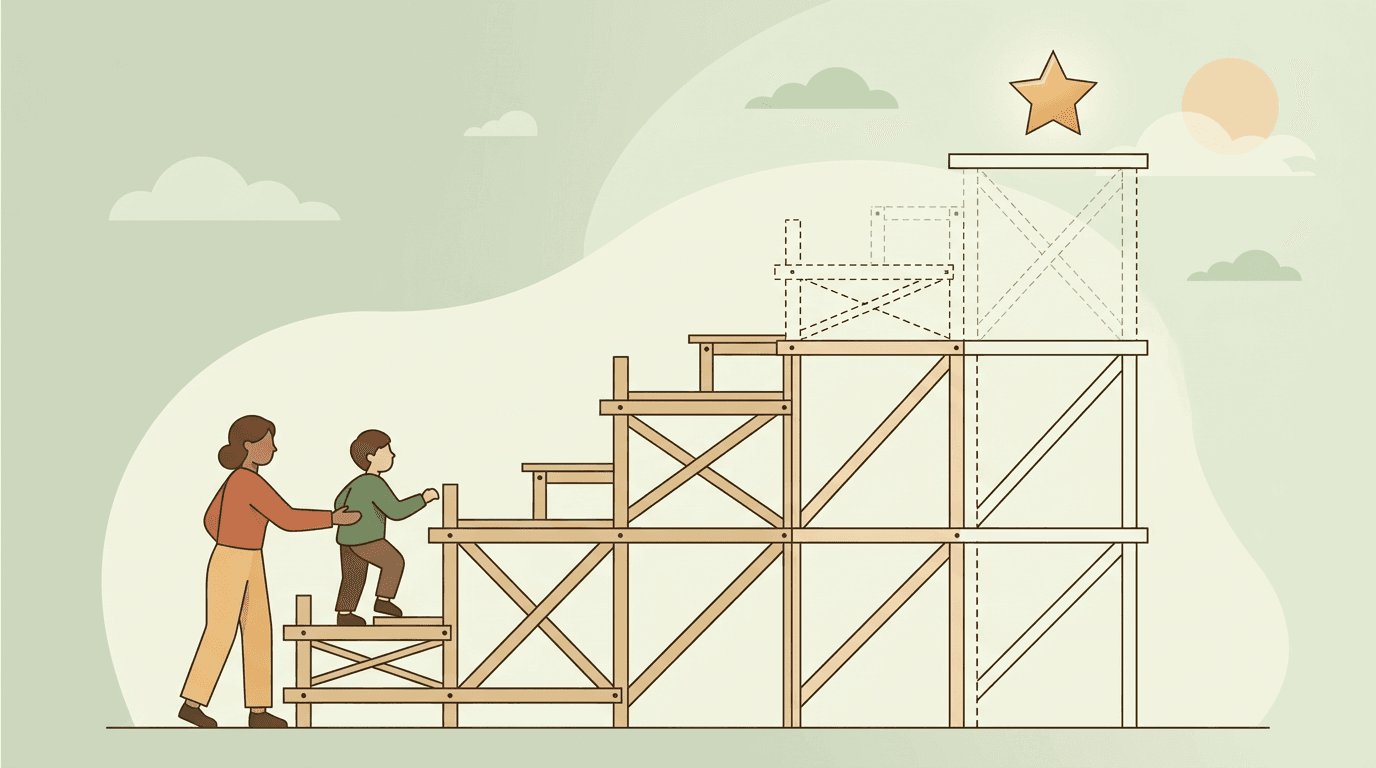 A child climbs a scaffold toward a star as the teacher supports them from below and the structure fades away, symbolizing educational scaffolding.