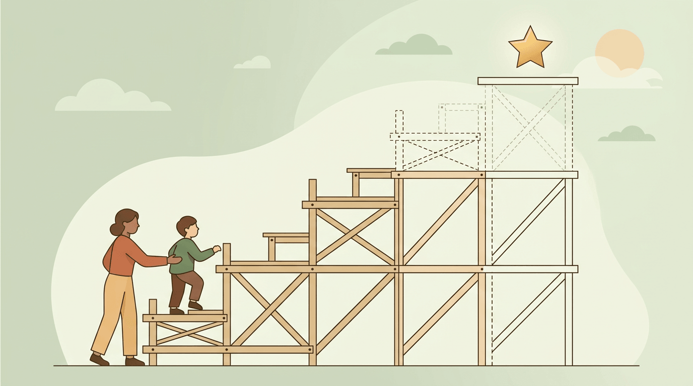 A child climbs a scaffold toward a star as the teacher supports them from below and the structure fades away, symbolizing educational scaffolding.