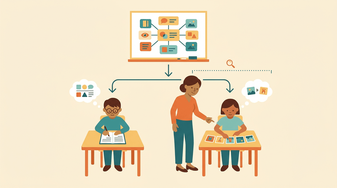 A teacher guides two fourth graders through differentiated writing tasks using visual and analytical methods.