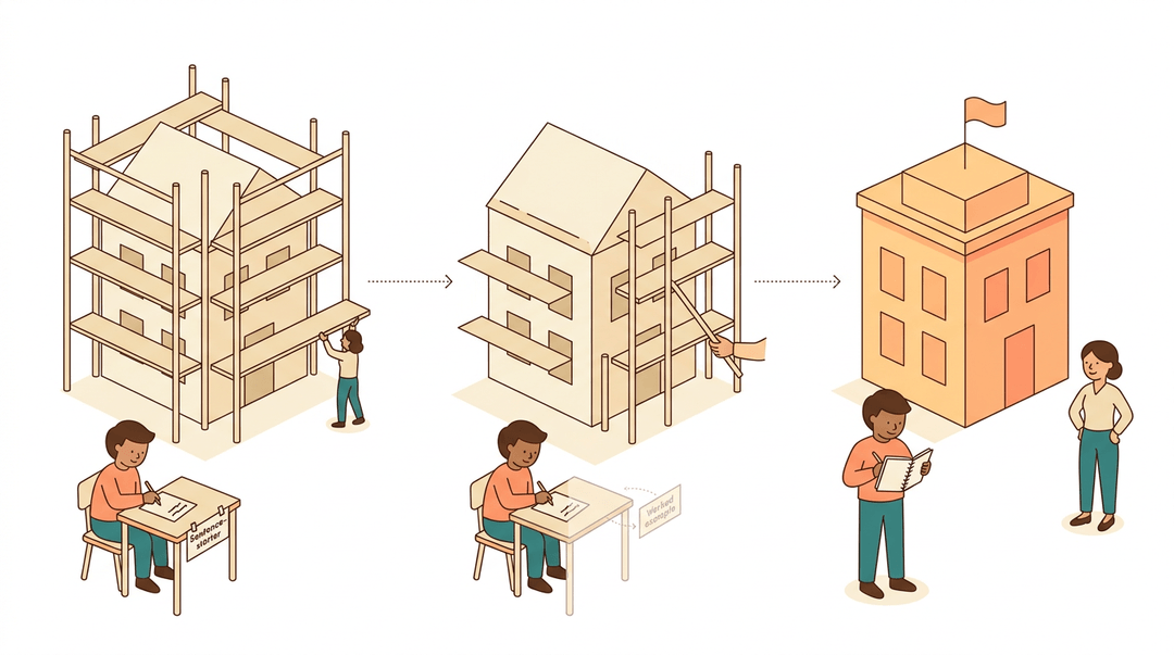 Three panels show a building and student progressing from scaffolding support to independent completion.