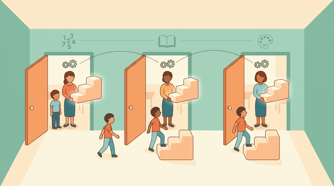 Bird's-eye view of a school hallway where teachers hold identical scaffolding structures, symbolizing consistent support across classrooms.