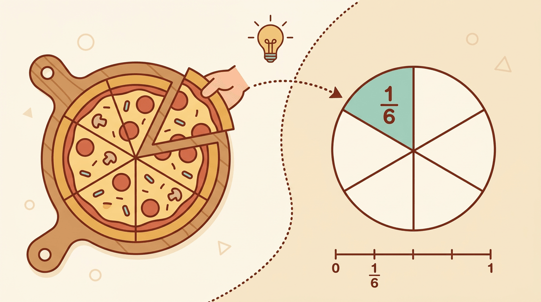 A pizza slice connects to a fraction diagram labeled 1/6, visualizing the math concept through familiar food.