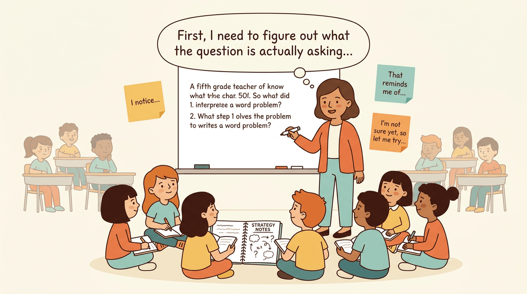 Teacher models thinking aloud with a word problem while students take strategy notes in a classroom.