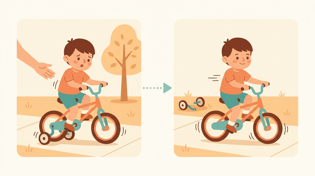 A child learns to ride a bike without training wheels, transitioning from supported wobbling to confident independence.