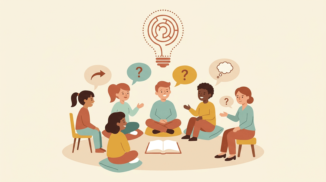 Diverse students sit in a circle discussing ideas with the teacher guiding them, symbolizing collaborative inquiry and deep thinking.