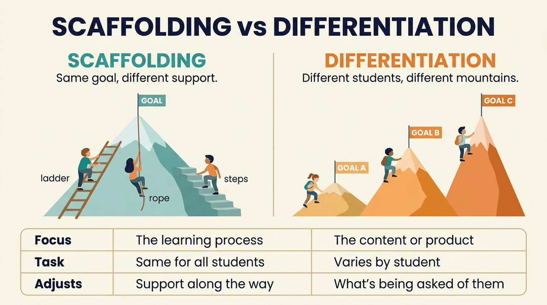 Infographic comparing scaffolding (one goal, varied support) and differentiation (varied goals).