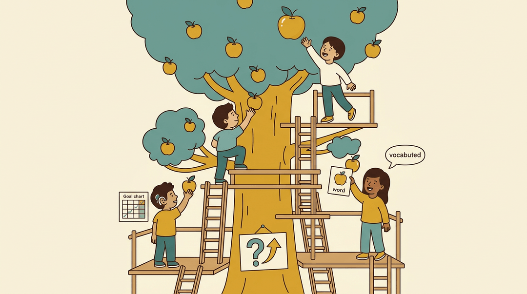 Students on scaffolding platforms reach for fruit, showing how support helps all learners grow.