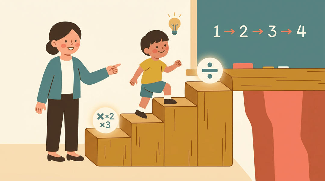 A teacher guides a student up steps marked with math symbols, illustrating the bridge from multiplication to division.