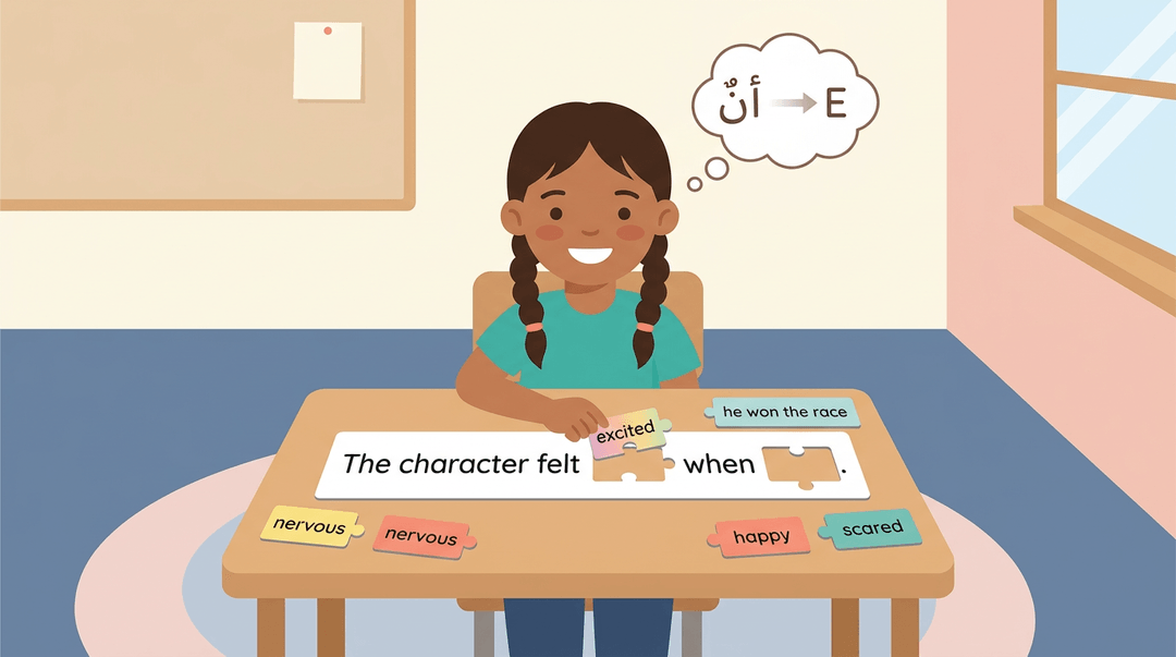 A student places word tiles into a sentence frame, visualizing language scaffolding for young learners.