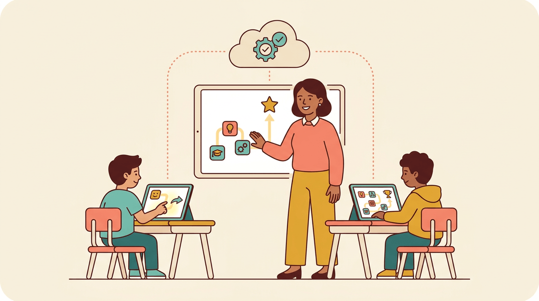 A teacher guides students using tablets that show different learning paths converging on a shared goal, symbolizing adaptive technology.