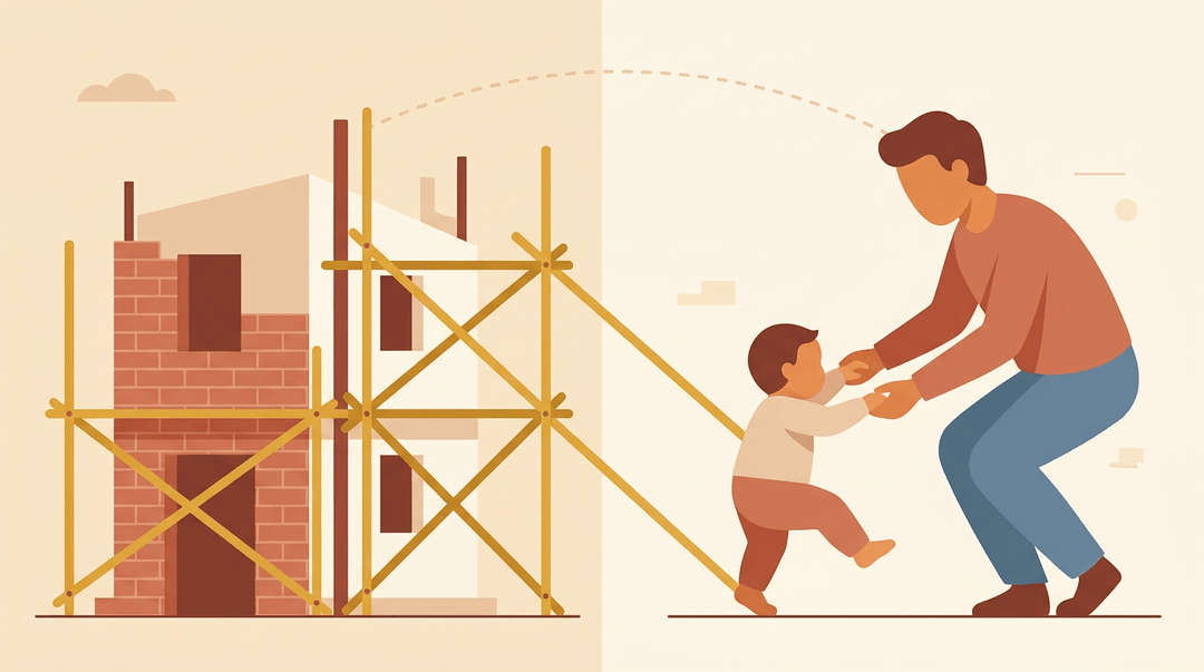 A parent supports a toddler, mirroring scaffolding holding up a building under construction.