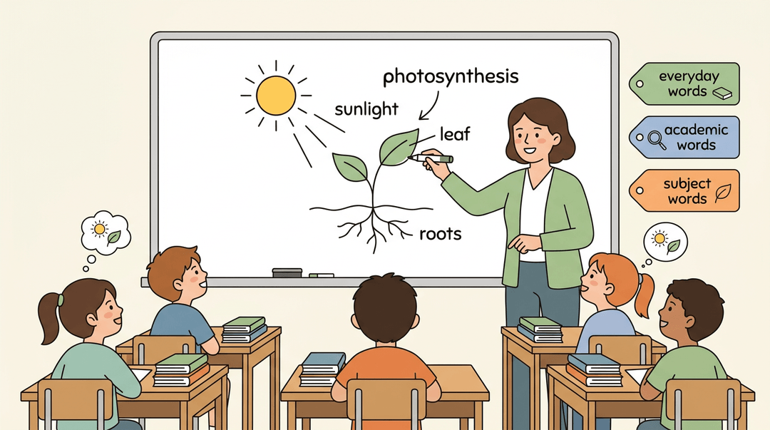Teacher draws a photosynthesis diagram on a whiteboard while attentive elementary students watch.
