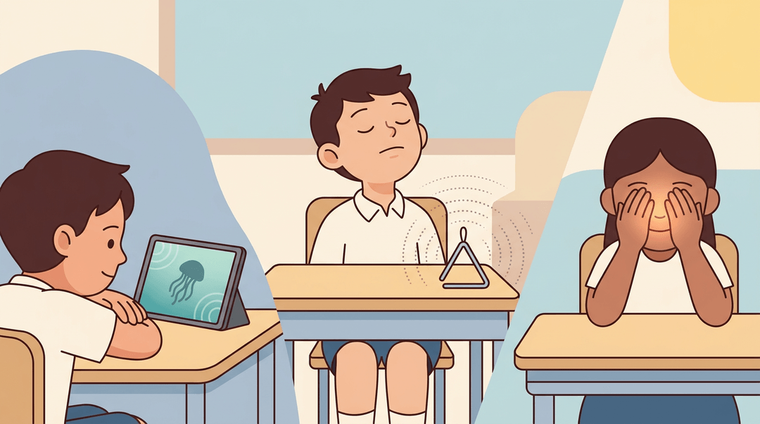 Students resting quietly in a calm classroom with chimes, jellyfish visuals, and gentle hand gestures.