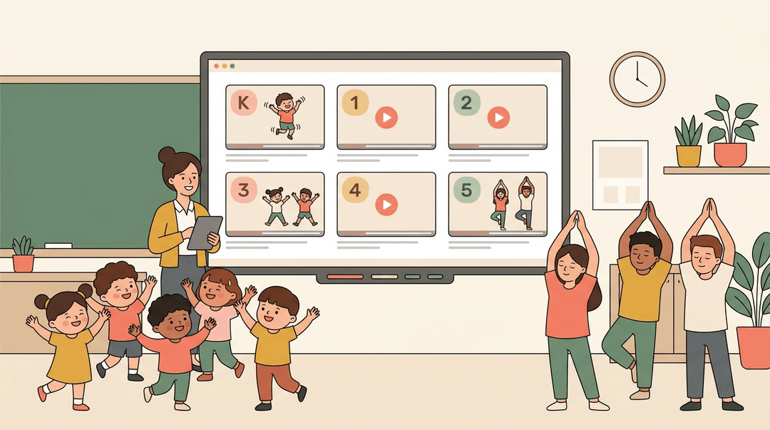 Teacher leads diverse age groups in synchronized brain break movements while a smartboard displays age-specific activity guides.
