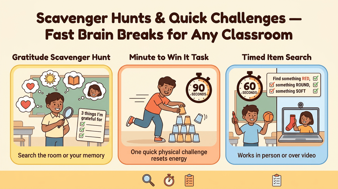 Illustration showing three quick classroom brain breaks: gratitude hunt, cup stacking, and timed item search.