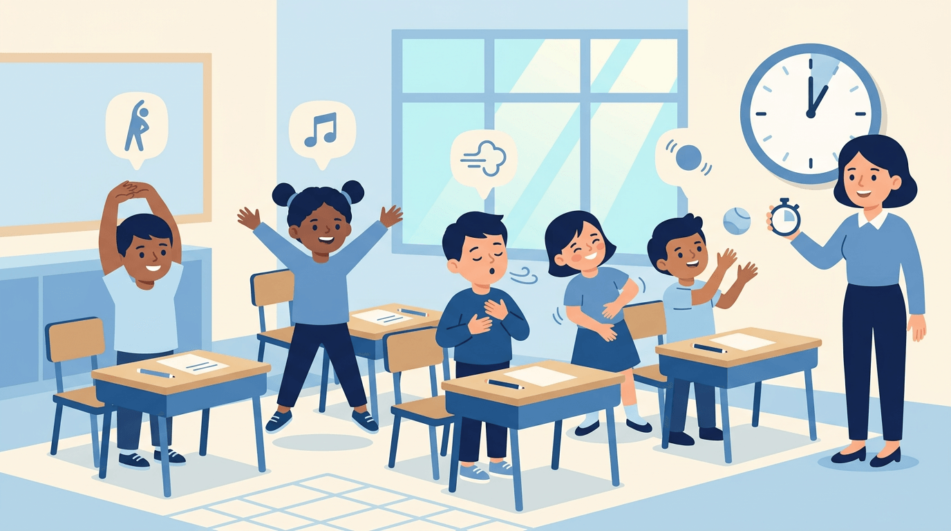 Diverse students perform quick brain breaks like stretching and jumping jacks while a teacher times the pause with a stopwatch.