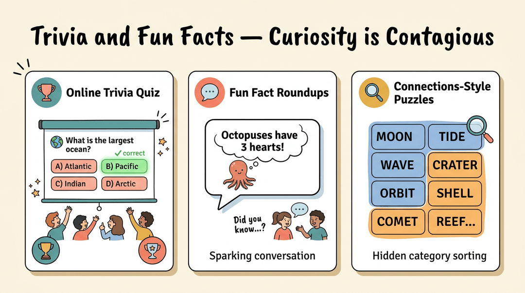 Illustration of three educational panels showing online trivia, fun facts, and word puzzles on a cream background with warm colors.