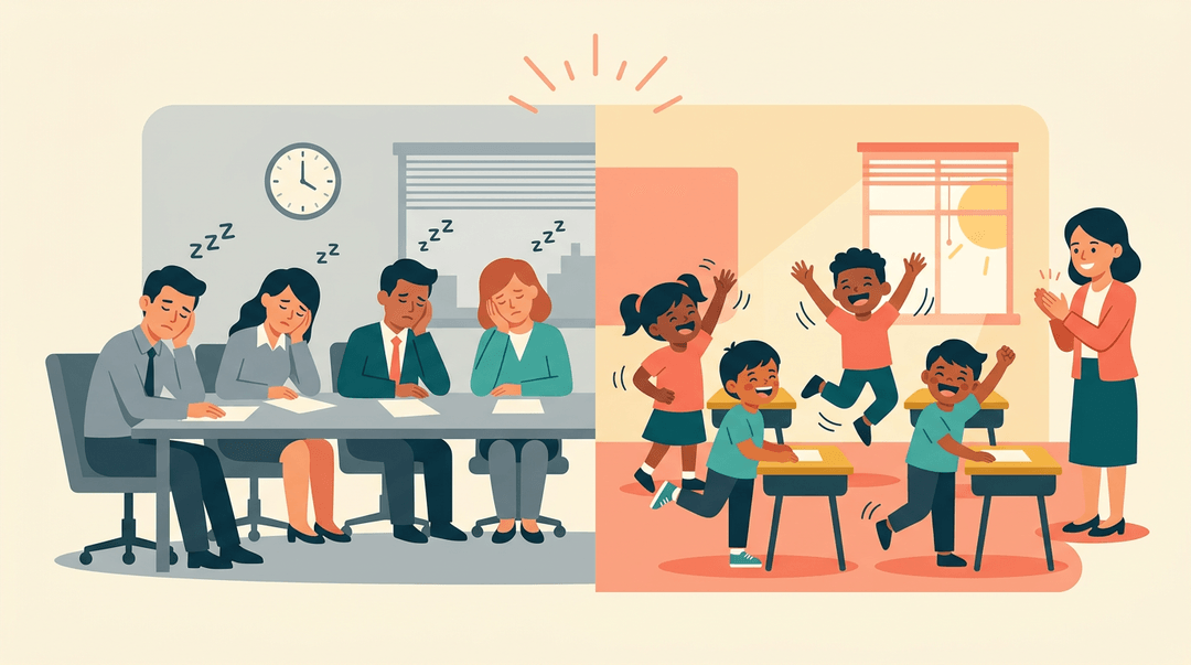 Contrast between tired adults at a meeting and energetic students stretching in class.