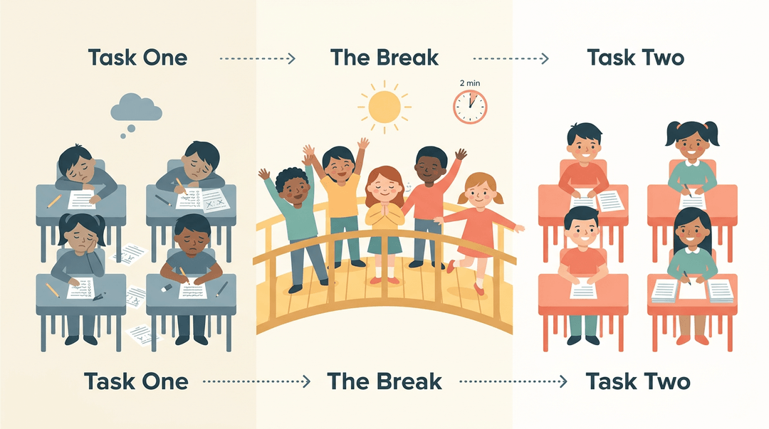 Three-panel illustration shows students taking a short, active break to reset their focus for better learning.
