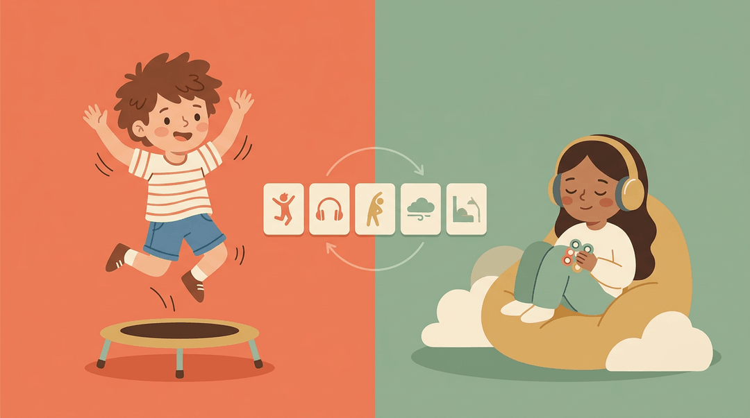 Split image shows active jumping versus quiet relaxation, with icons of various brain break options between them.