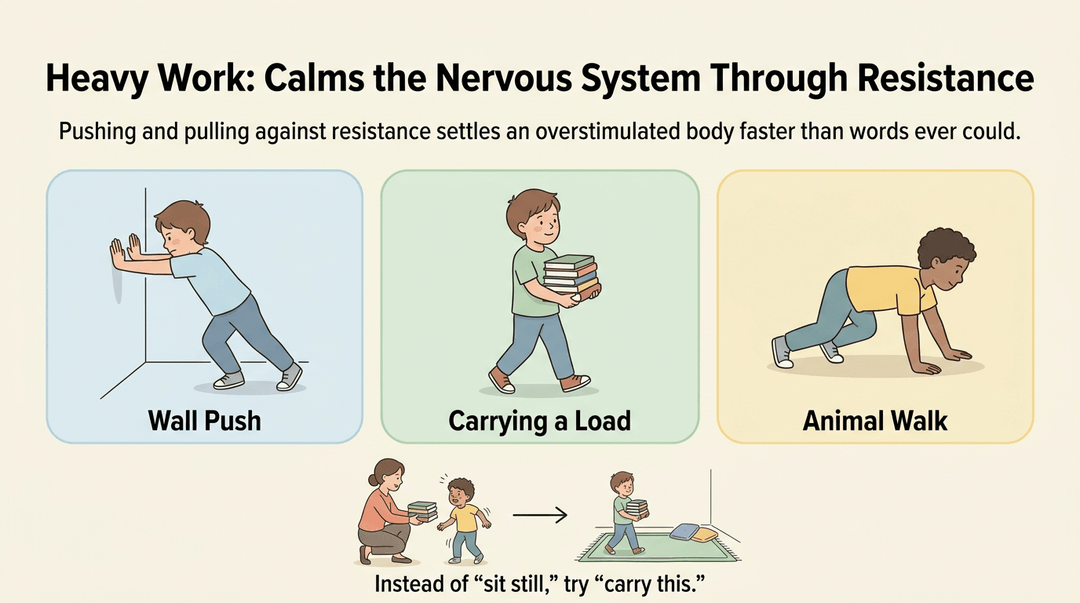 Infographic showing heavy work activities like wall pushes and carrying loads to calm students' nervous systems.
