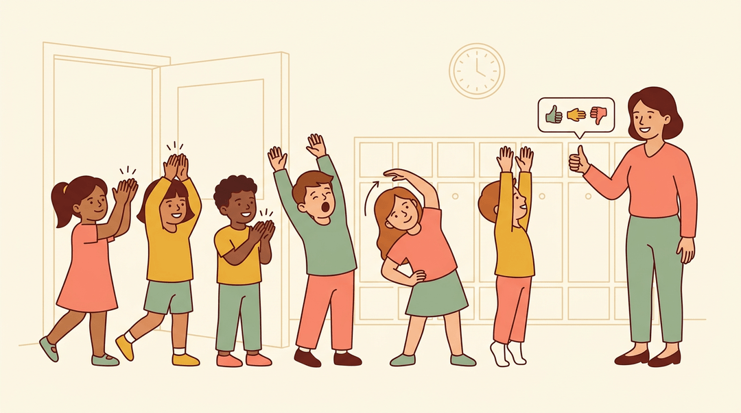 Diverse students do brain-break stretches while a teacher gives a thumbs-up during a classroom transition.