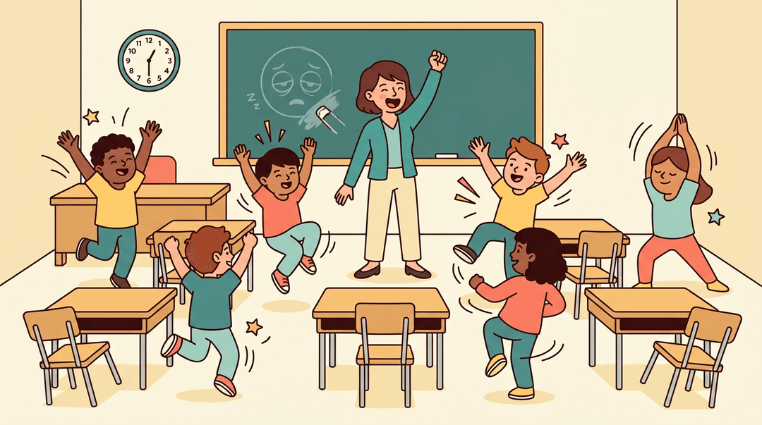 A teacher leads a lively dance break in her classroom while energetic students jump and stretch between desks.