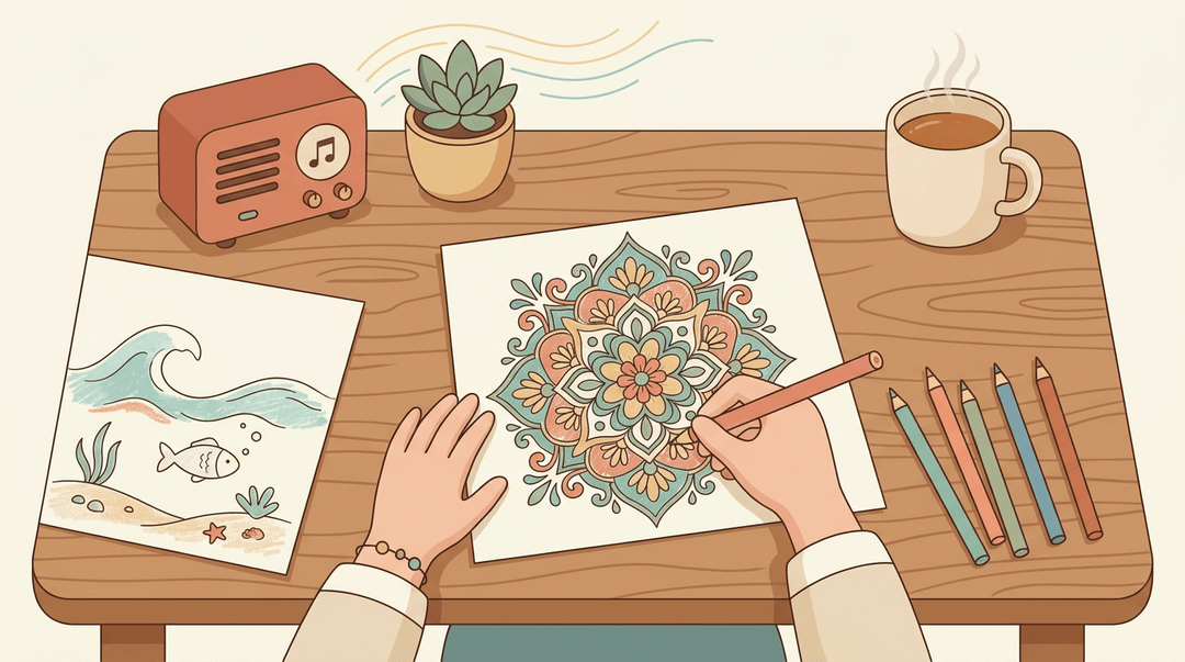 Overhead view of hands coloring a mandala and ocean scene on a cozy wooden desk with tea, a plant, and calming music.