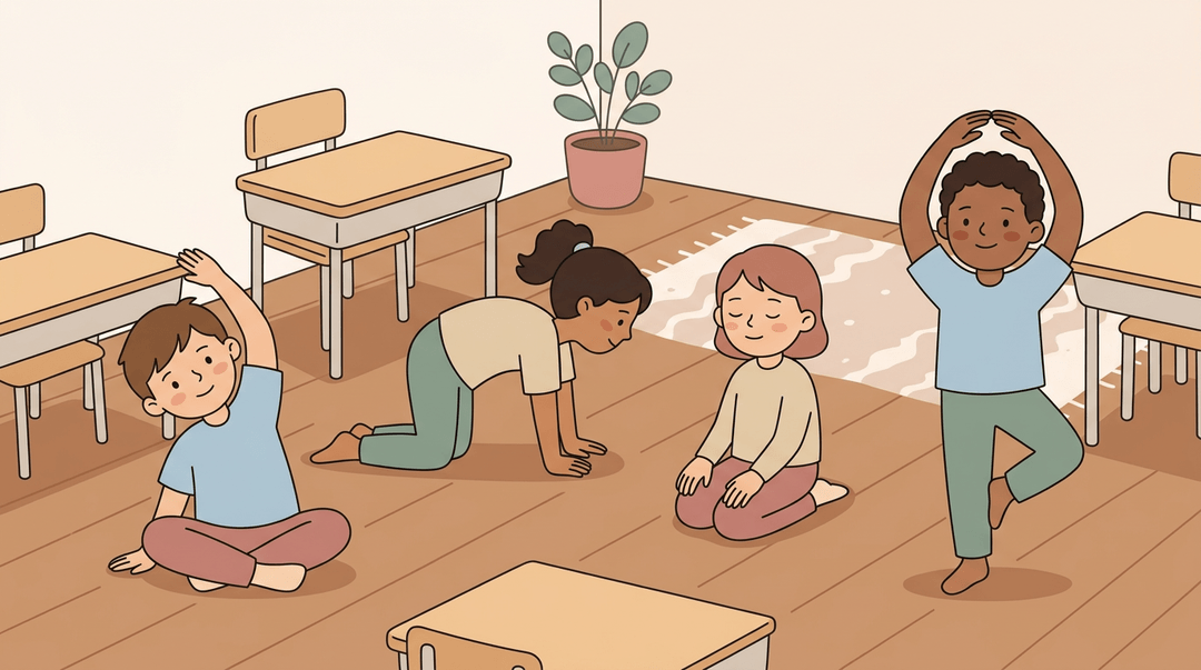 Four diverse elementary students perform gentle yoga poses in a calm, sunlit classroom corner.