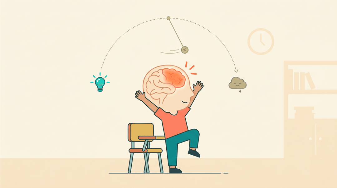 Child stretching with a glowing brain, swinging between focus and fatigue to show movement resets the mind.