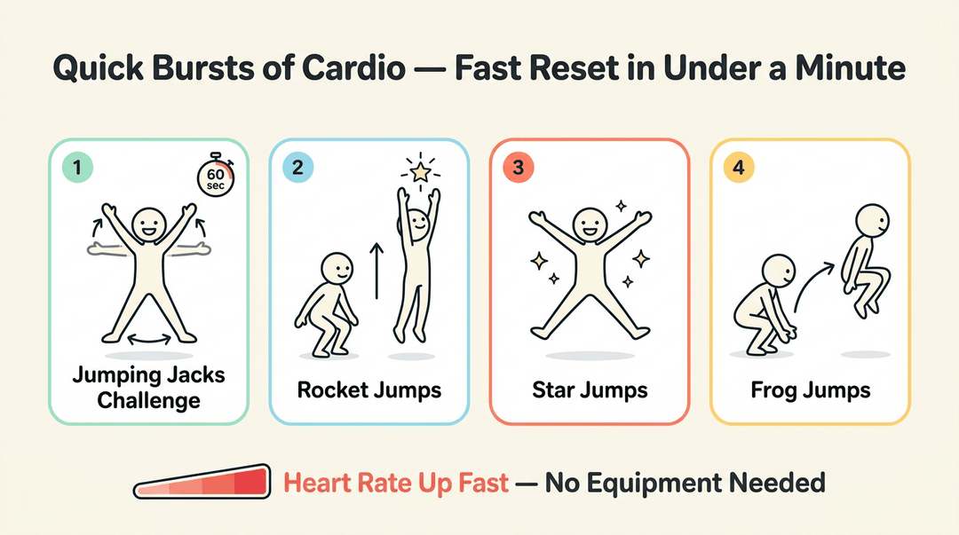 Four stick figures demonstrate quick cardio exercises: jumping jacks, rocket jumps, star jumps, and frog jumps.