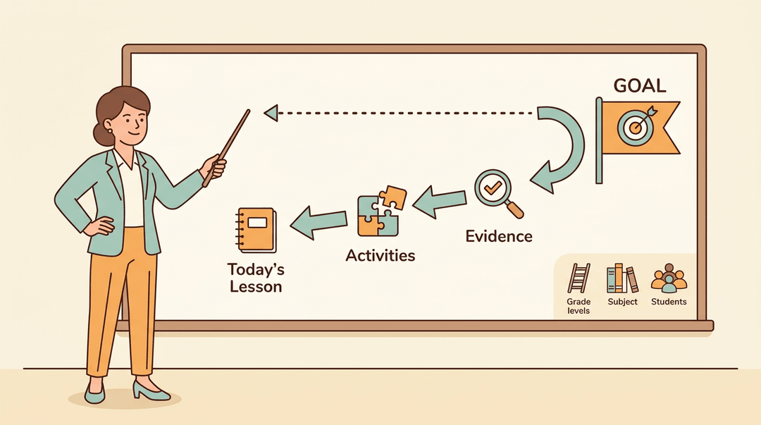 Teacher points to a backward planning flow from goal to lesson, showing evidence and activities on a board.