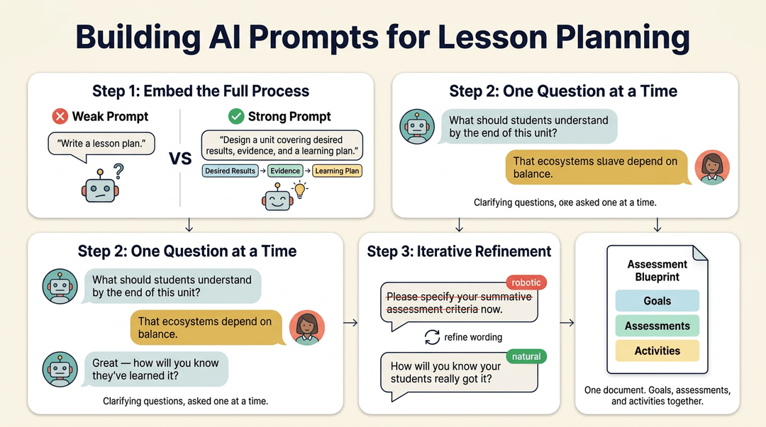 Infographic showing four steps to build AI lesson plans: embedding process, asking one question at a time, iterative refinement, and combining outputs.