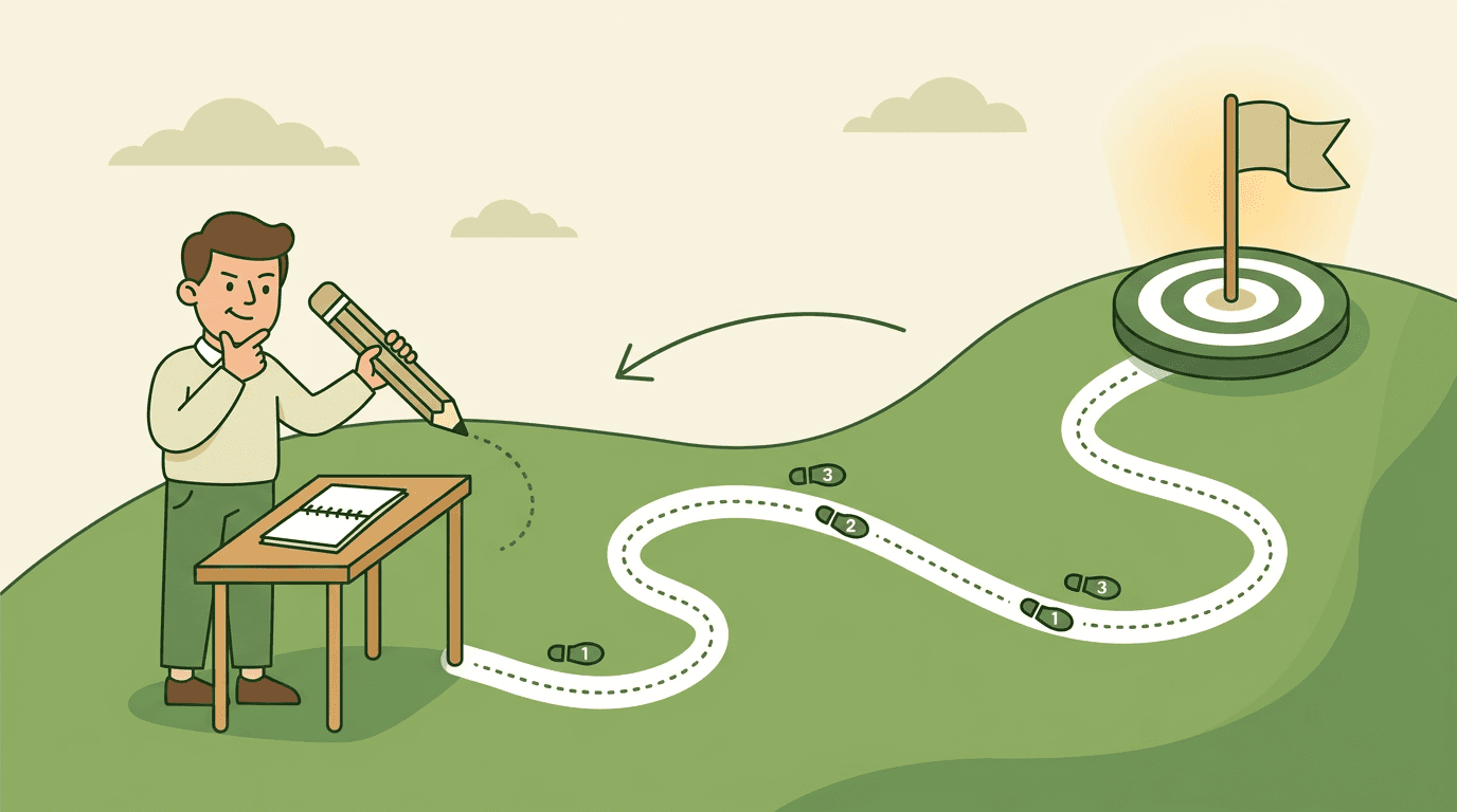 A teacher draws a dotted path backward from a goal flag to her desk, illustrating backward planning.
