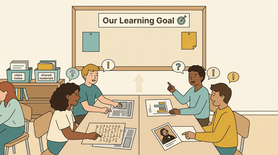 Diverse students discuss historical resources at a table, guided by a shared learning goal on the wall.
