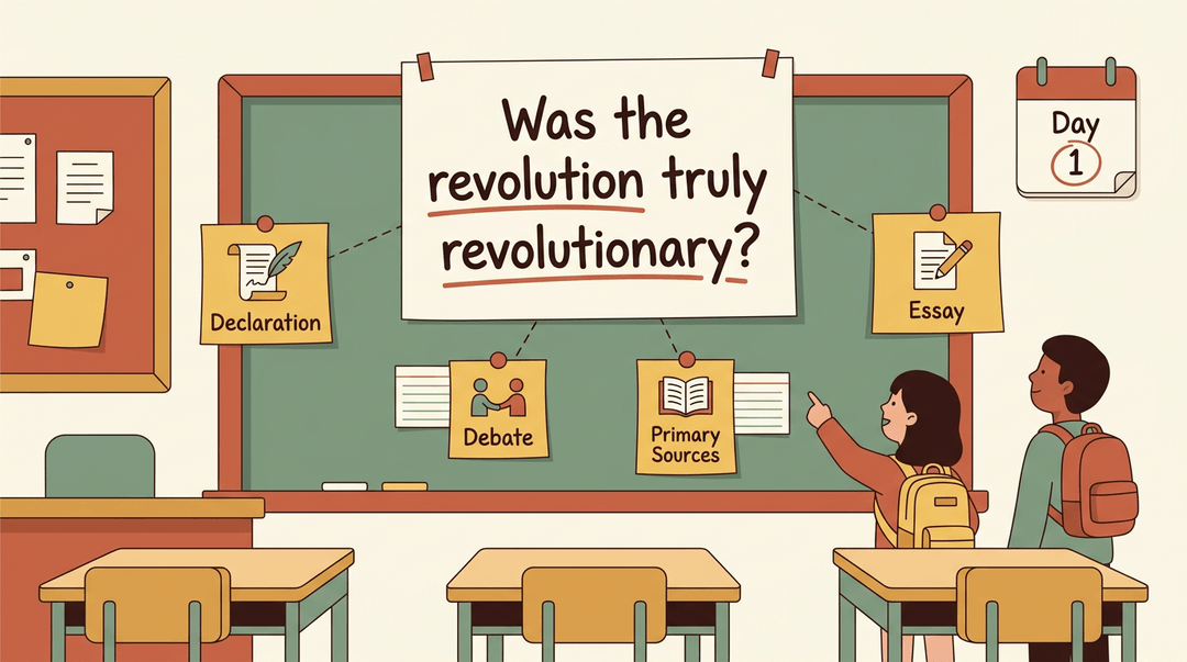 Students look up at a classroom poster asking 'Was the revolution truly revolutionary?' connected to activities like debate and primary sources.