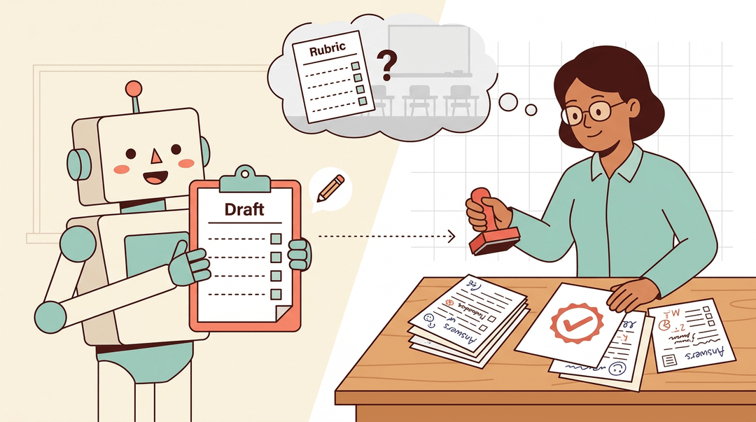 A robot presents a draft rubric to a teacher who stamps student papers, symbolizing AI assistance with final human authority.