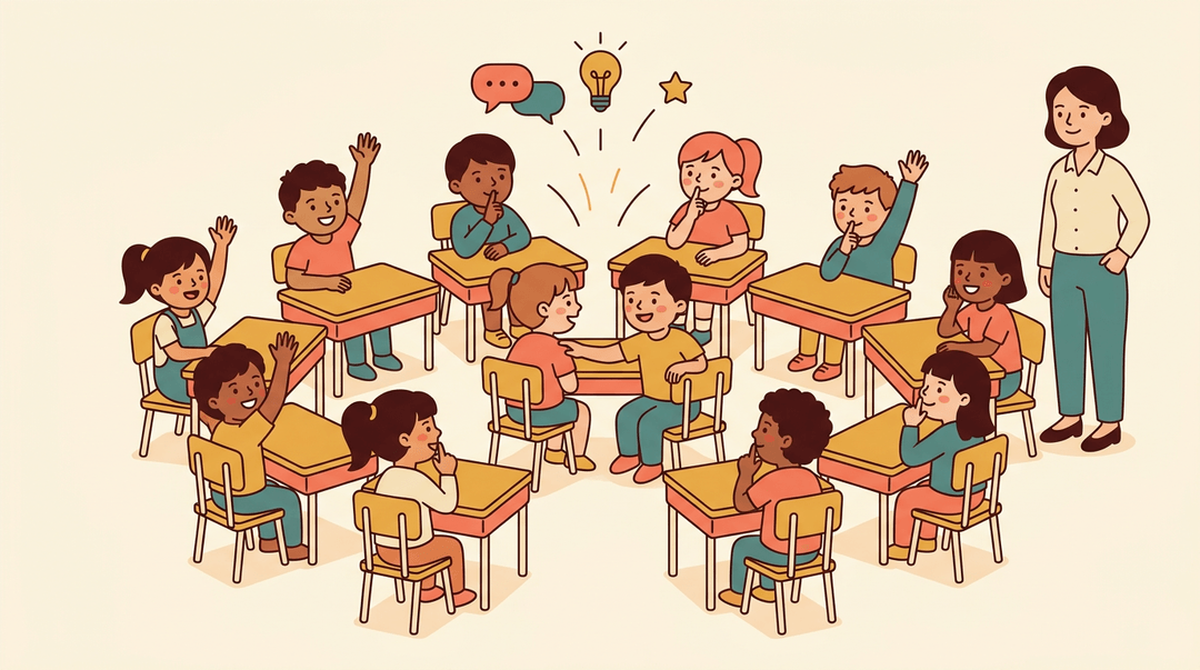 Diverse students in a classroom respond to a cue while one is gently guided back by a peer, with a teacher observing proudly.