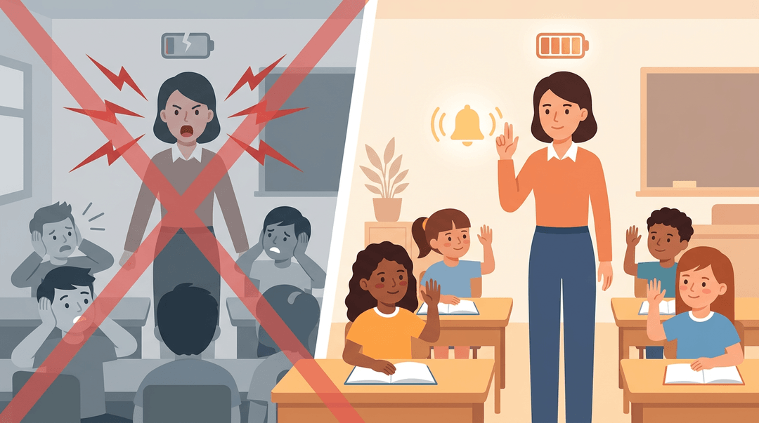 A split illustration compares a shouting teacher with tense students to a calm teacher using hand signals with relaxed students.