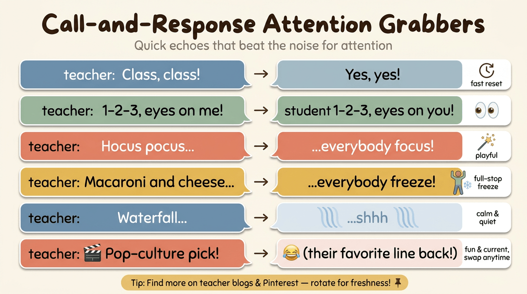 Six call-and-response attention grabbers for teachers, including