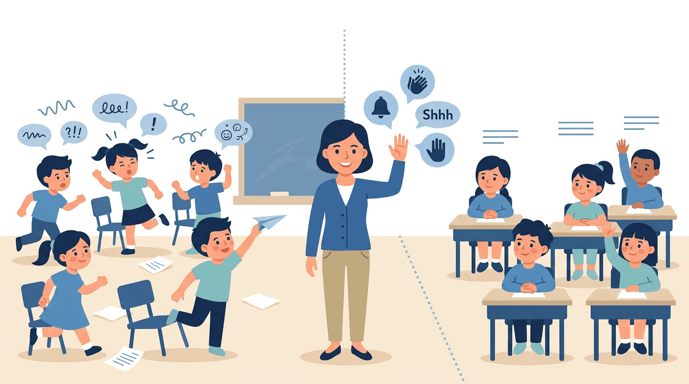 Teacher signals calm to chaotic classroom using attention-getters.