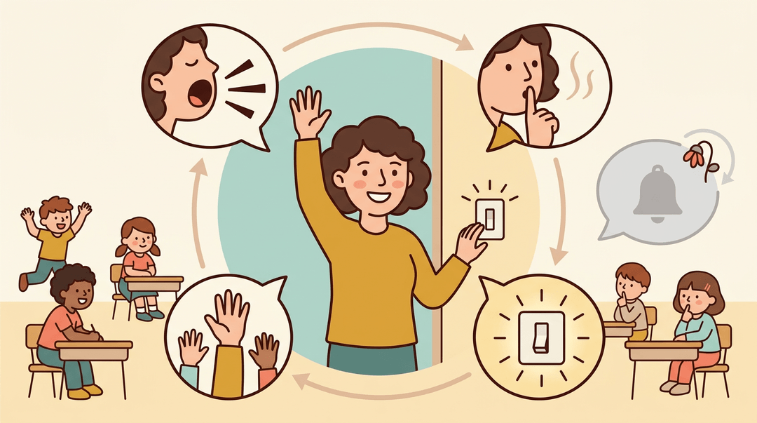 A teacher demonstrates classroom cues like raising a hand, using lights, and chanting, with a faded-out bell icon showing which signals to retire.