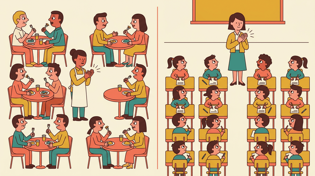 Split-panel illustration comparing a restaurant server's attention-grabbing clap to a teacher using the same gesture in class.