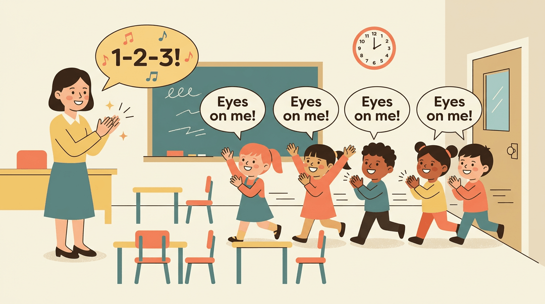 A teacher claps and chants '1-2-3!' while diverse students march in a line saying 'Eyes on me!' during a classroom transition.