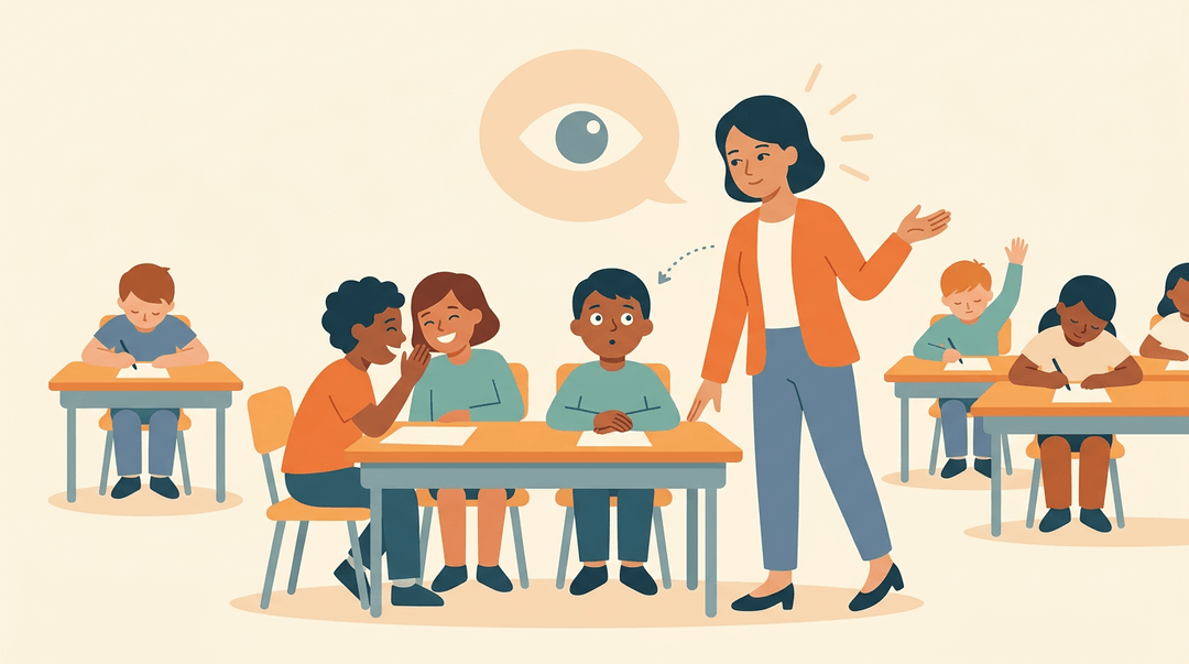 A teacher gives a calm, expectant glance to three distracted students while continuing her lesson.