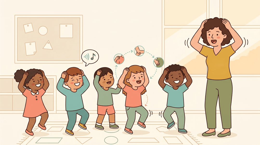 Teacher and students mirror a call-and-response movement with hands on heads, illustrating energetic classroom participation.