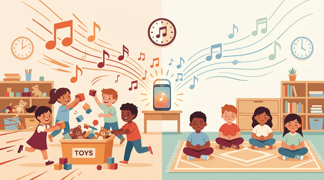 A glowing speaker transitions energetic cleanup to calm sitting, using music as a visual timer in a bright classroom.